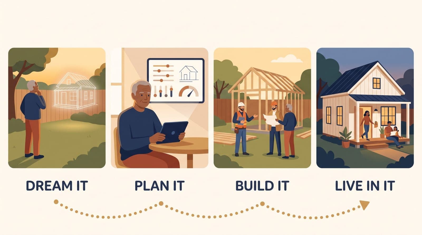 Illustration of the four checkpoints: dreaming up an ADU in the backyard, planning it on a tablet, building the framed structure with a contractor, and a family living in the finished ADU