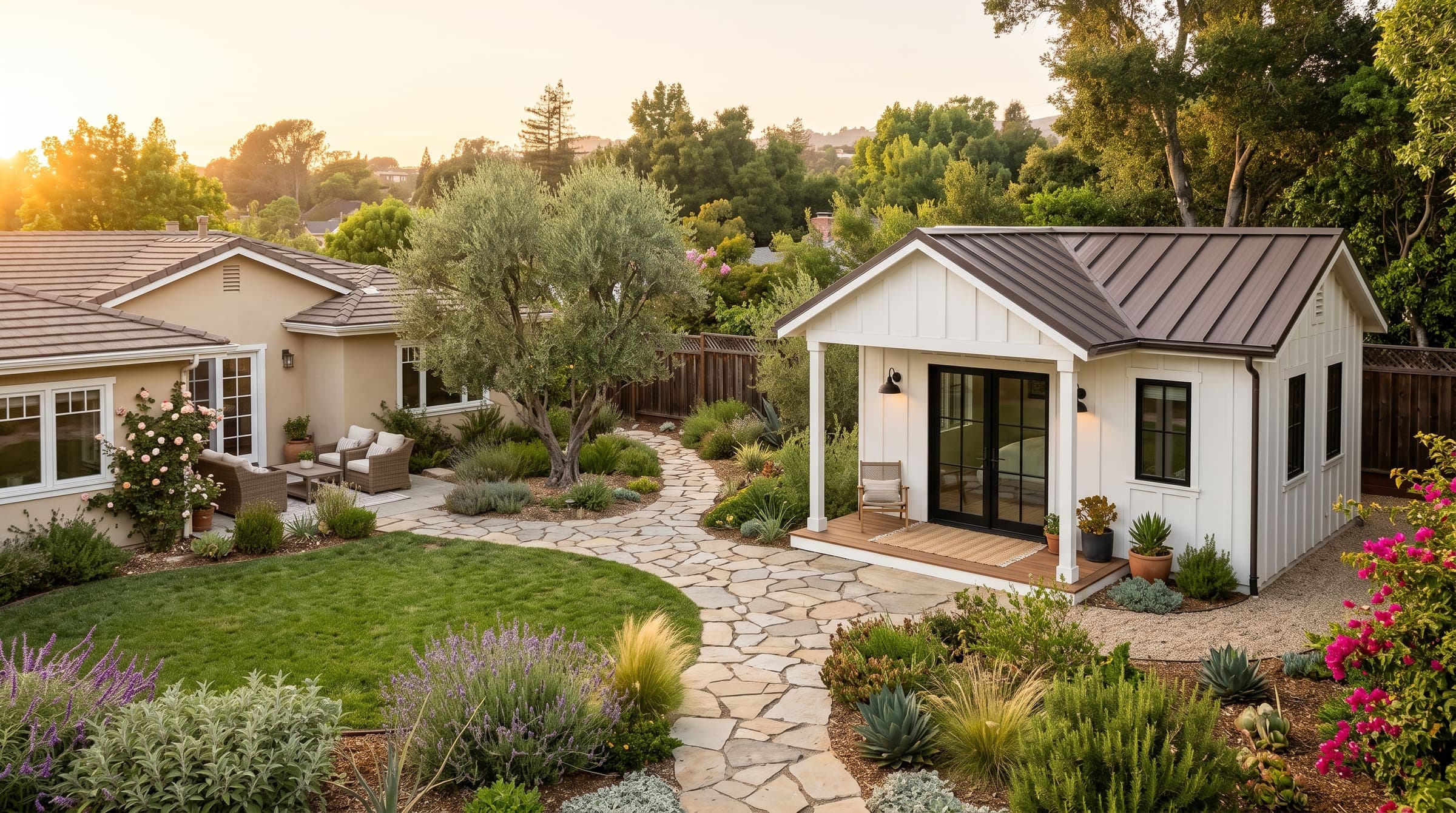 A backyard ADU with a covered porch, tucked into a landscaped California garden at golden hour