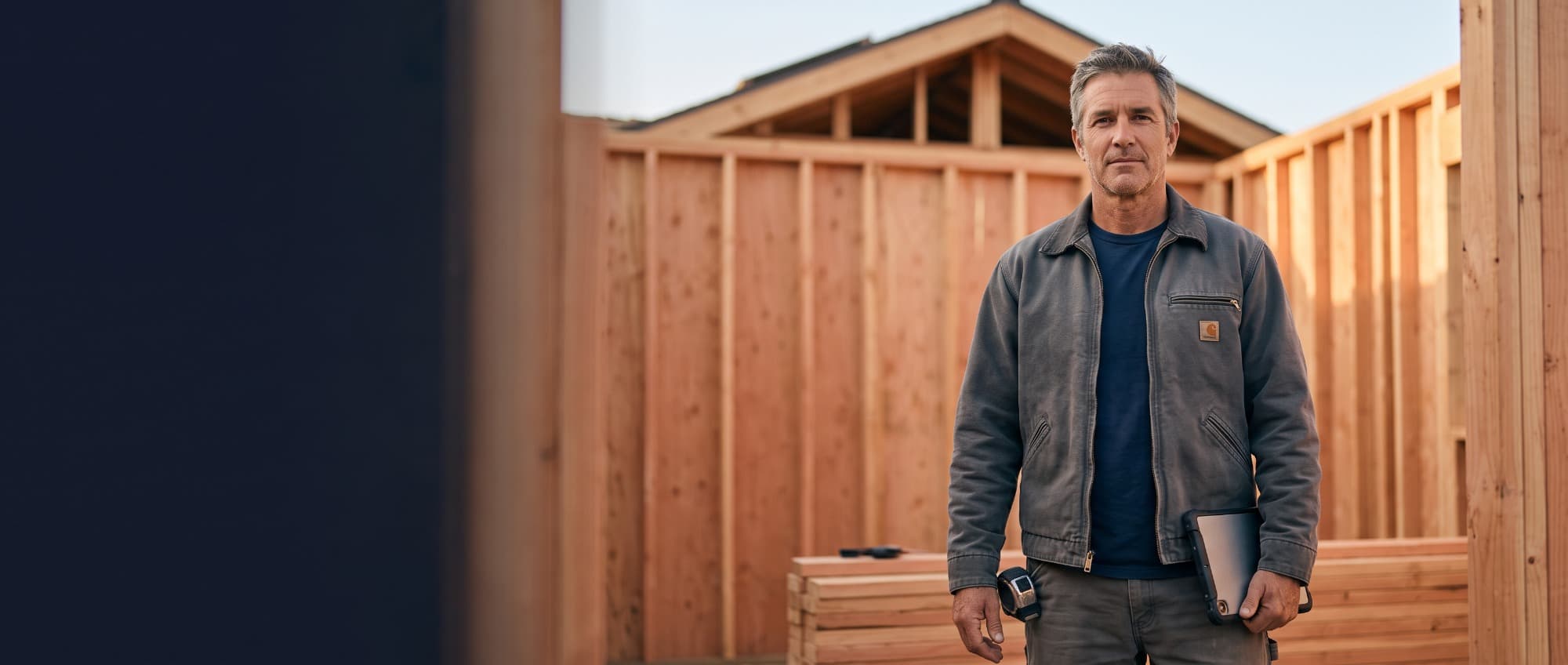 A licensed contractor on a residential framing site, tablet in hand, ready to bid on ADU projects